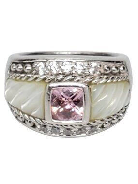 Judith Ripka Sterling Silver Mother of Pearl and CZ Ring Size 7 #23894